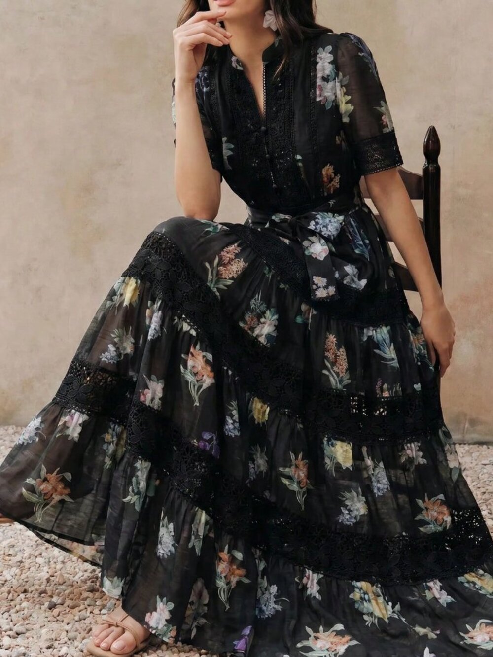 Black Boho Women's Floral Pattern Patchwork Lace Trim Dress